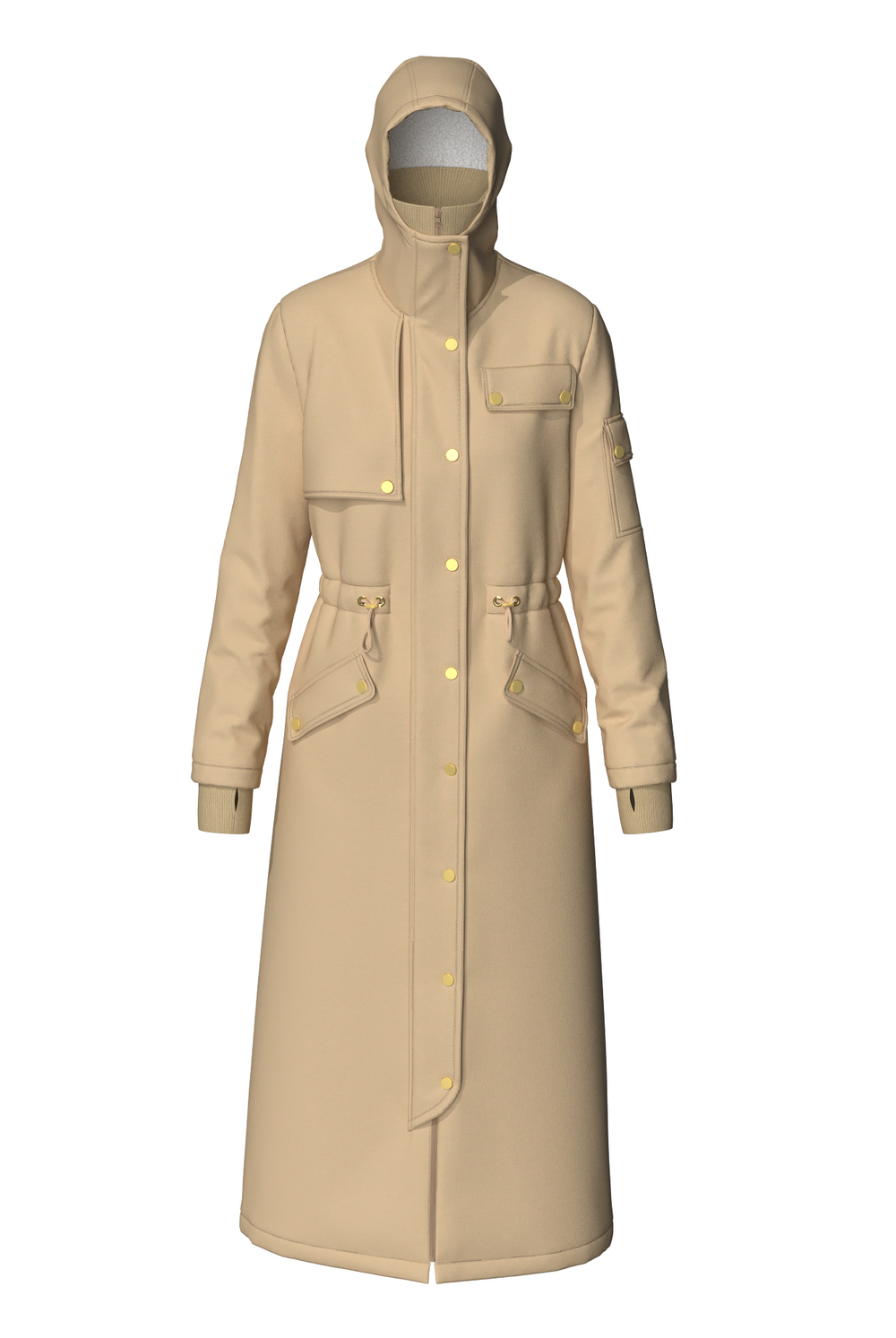 A long sports jacket for women with a hood, featuring a premium two-way zipper and multiple pockets. Waterproof and warm.