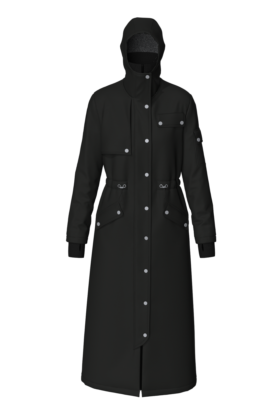 A long black sports jacket for women with a hood, featuring a premium two-way zipper and multiple pockets.