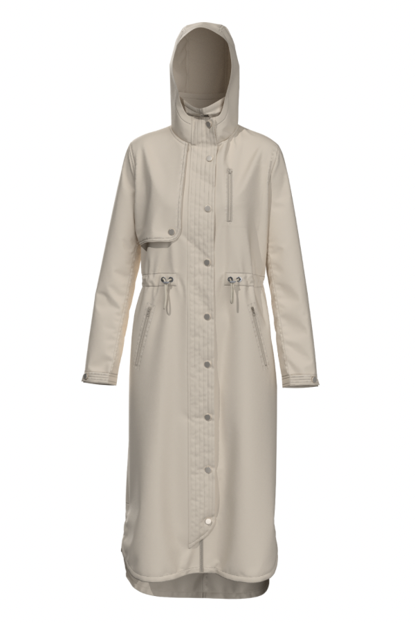A beige, lightweight, waterproof jacket with a hood, featuring a high funnel neck, long sleeves, and a bungee cord at the waist. It has a button-up front and appears to have multiple pockets.