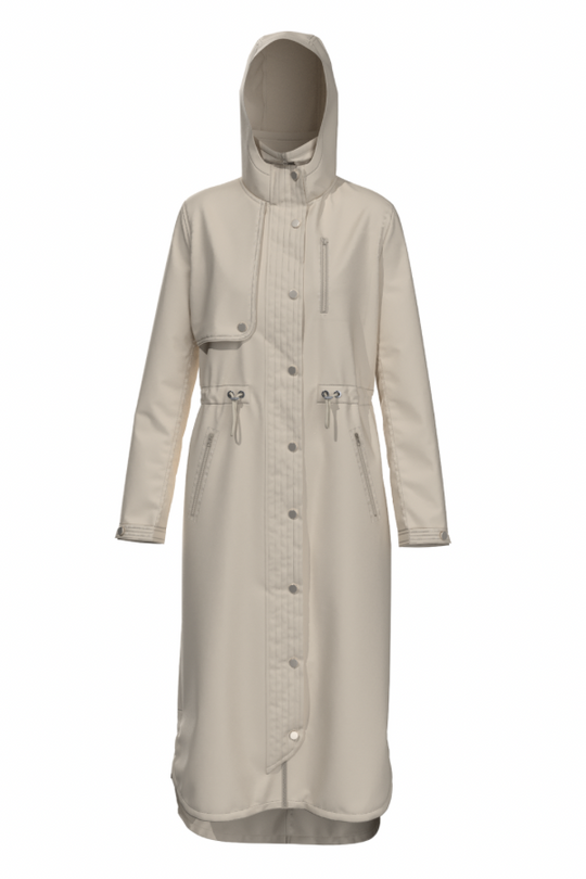 A beige, lightweight, waterproof jacket with a hood, featuring a high funnel neck, long sleeves, and a bungee cord at the waist. It has a button-up front and appears to have multiple pockets.