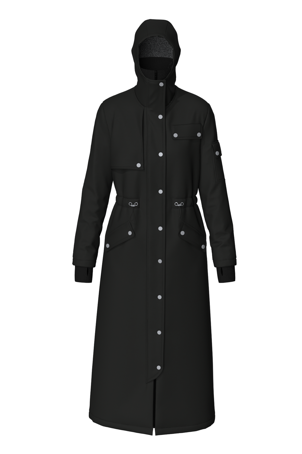 A long black sports jacket for women with a hood, featuring a premium two-way zipper and multiple pockets.
